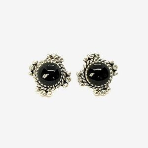 Rare Handcrafted Vintage Sterling Silver and Black Onyx Stud Earrings